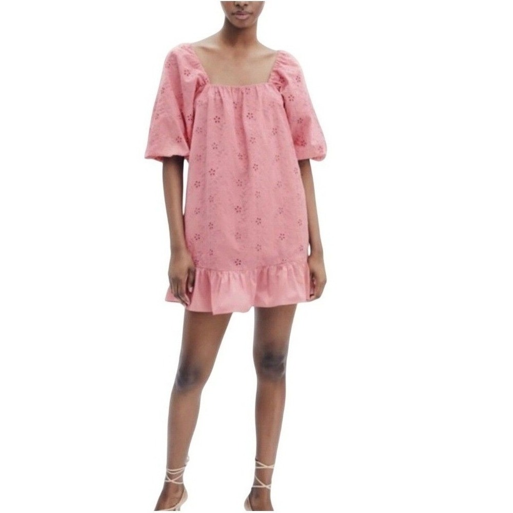 Zara Eyelet Mini Dress Womens Large Pink‎ Puff Sleeve Ruffle Hem Floral Cotton